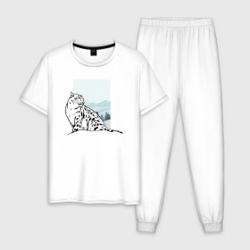 Мужская пижама хлопок с принтом Снежный Леопард в Новосибирске, 100% хлопок | брюки и футболка прямого кроя, без карманов, на брюках мягкая резинка на поясе и по низу штанин
 | leopard | snow | winter | зима | леопард | снег | снежный