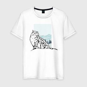 Мужская футболка хлопок с принтом Снежный Леопард в Новосибирске, 100% хлопок | прямой крой, круглый вырез горловины, длина до линии бедер, слегка спущенное плечо. | leopard | snow | winter | зима | леопард | снег | снежный