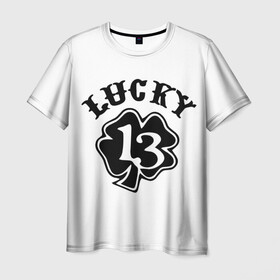 Мужская футболка 3D с принтом Lucky в Новосибирске, 100% полиэфир | прямой крой, круглый вырез горловины, длина до линии бедер | 13 | lucky | клевер | надпись | цифры | число
