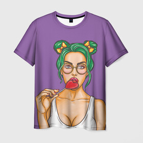 Мужская футболка 3D с принтом Sexy Girl в Новосибирске, 100% полиэфир | прямой крой, круглый вырез горловины, длина до линии бедер | girl | в очках | девушка | женщина | красотка | пафос | подруге | соблазн | стерва | тп | чупа чупс | чупик