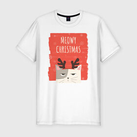 Мужская футболка премиум с принтом MEOWY CHRISTMAS в Новосибирске, 92% хлопок, 8% лайкра | приталенный силуэт, круглый вырез ворота, длина до линии бедра, короткий рукав | животные | кот | кошки | новый год | праздник | прикол | рождество | смешное