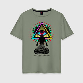 Женская футболка хлопок Oversize с принтом Neon alien.The all-seeing eye в Новосибирске, 100% хлопок | свободный крой, круглый ворот, спущенный рукав, длина до линии бедер
 | Тематика изображения на принте: abstract | alien | beautiful | bright | eye | mason | neon | ufo