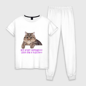 Женская пижама хлопок с принтом Дружелюбный кот в Новосибирске, 100% хлопок | брюки и футболка прямого кроя, без карманов, на брюках мягкая резинка на поясе и по низу штанин | cat | fun | добрый | забавная | кот | котик | мем | надпись | прикол | слова | смешная