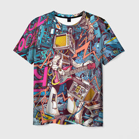 Мужская футболка 3D с принтом Space Hardrock Machine в Новосибирске, 100% полиэфир | прямой крой, круглый вырез горловины, длина до линии бедер | rock | гитара | космонавт | космос | музыка | робот | рок | хард рок | электроника | электронная музыка