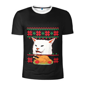 Мужская футболка 3D спортивная с принтом Woman Yelling at Cat в Новосибирске, 100% полиэстер с улучшенными характеристиками | приталенный силуэт, круглая горловина, широкие плечи, сужается к линии бедра | cat | cats | christmas | mem | meme | memes | new year | xmas | вязаный | женщина | кот | кричит | мем | мемы | на кота | новый год | рождество | свитер