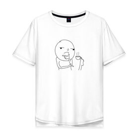 Мужская футболка хлопок Oversize с принтом Мем задумчивый человек с кофе в Новосибирске, 100% хлопок | свободный крой, круглый ворот, “спинка” длиннее передней части | Тематика изображения на принте: 