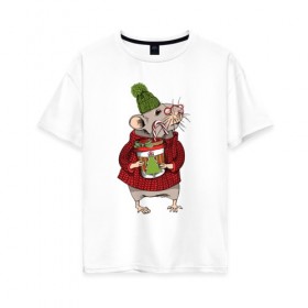 Женская футболка хлопок Oversize с принтом Милая новогодняя мышка с кофе в Новосибирске, 100% хлопок | свободный крой, круглый ворот, спущенный рукав, длина до линии бедер
 | 
