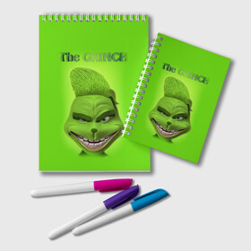 Блокнот с принтом Grinch Face в Новосибирске, 100% бумага | 48 листов, плотность листов — 60 г/м2, плотность картонной обложки — 250 г/м2. Листы скреплены удобной пружинной спиралью. Цвет линий — светло-серый
 | Тематика изображения на принте: christmas | claus | grinch stole | how the | jingle | merry | santa | гринч | гуманоид | диккенс | ктоград | олени | рождество | снежинки | чарльз