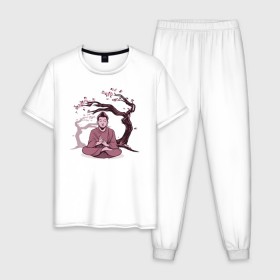 Мужская пижама хлопок с принтом Будда Сакура в Новосибирске, 100% хлопок | брюки и футболка прямого кроя, без карманов, на брюках мягкая резинка на поясе и по низу штанин
 | Тематика изображения на принте: buddha | medidate | medidation | sakura | yoga | буда | будда | йога | медитация | сакура | япония