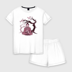 Женская пижама с шортиками хлопок с принтом Будда Сакура в Новосибирске, 100% хлопок | футболка прямого кроя, шорты свободные с широкой мягкой резинкой | buddha | medidate | medidation | sakura | yoga | буда | будда | йога | медитация | сакура | япония
