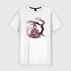 Мужская футболка хлопок Slim с принтом Будда Сакура в Новосибирске, 92% хлопок, 8% лайкра | приталенный силуэт, круглый вырез ворота, длина до линии бедра, короткий рукав | Тематика изображения на принте: buddha | medidate | medidation | sakura | yoga | буда | будда | йога | медитация | сакура | япония