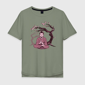 Мужская футболка хлопок Oversize с принтом Будда Сакура в Новосибирске, 100% хлопок | свободный крой, круглый ворот, “спинка” длиннее передней части | Тематика изображения на принте: buddha | medidate | medidation | sakura | yoga | буда | будда | йога | медитация | сакура | япония