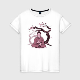 Женская футболка хлопок с принтом Будда Сакура в Новосибирске, 100% хлопок | прямой крой, круглый вырез горловины, длина до линии бедер, слегка спущенное плечо | buddha | medidate | medidation | sakura | yoga | буда | будда | йога | медитация | сакура | япония