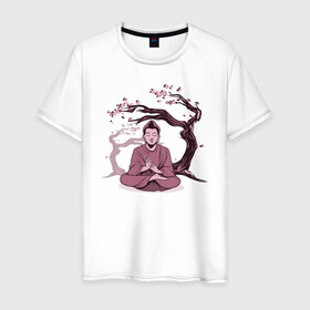 Мужская футболка хлопок с принтом Будда Сакура в Новосибирске, 100% хлопок | прямой крой, круглый вырез горловины, длина до линии бедер, слегка спущенное плечо. | Тематика изображения на принте: buddha | medidate | medidation | sakura | yoga | буда | будда | йога | медитация | сакура | япония