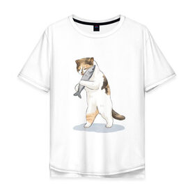 Мужская футболка хлопок Oversize с принтом Кот с рыбой в Новосибирске, 100% хлопок | свободный крой, круглый ворот, “спинка” длиннее передней части | cat | cat meme | интернет | кот | кот кусь | кот мем | котейка | котенок | кошак | мем | мем с котом | мемы с котиками | приколы | удивленный кот мем