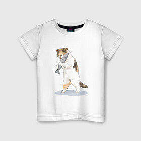 Детская футболка хлопок с принтом Кот с рыбой в Новосибирске, 100% хлопок | круглый вырез горловины, полуприлегающий силуэт, длина до линии бедер | cat | cat meme | интернет | кот | кот кусь | кот мем | котейка | котенок | кошак | мем | мем с котом | мемы с котиками | приколы | удивленный кот мем