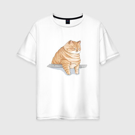 Женская футболка хлопок Oversize с принтом Толстый Кот в Новосибирске, 100% хлопок | свободный крой, круглый ворот, спущенный рукав, длина до линии бедер
 | cat | cat meme | интернет | кот | кот кусь | кот мем | котейка | котенок | кошак | мем | мем с котом | мемы с котиками | приколы | удивленный кот мем