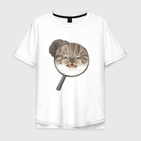 Мужская футболка хлопок Oversize с принтом Злой Кот в Новосибирске, 100% хлопок | свободный крой, круглый ворот, “спинка” длиннее передней части | cat | cat meme | интернет | кот | кот кусь | кот мем | котейка | котенок | кошак | мем | мем с котом | мемы с котиками | приколы | удивленный кот мем
