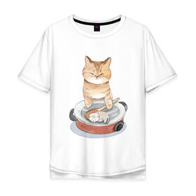 Мужская футболка хлопок Oversize с принтом Кот с Котенком в Новосибирске, 100% хлопок | свободный крой, круглый ворот, “спинка” длиннее передней части | cat | cat meme | интернет | кот | кот кусь | кот мем | котейка | котенок | кошак | мем | мем с котом | мемы с котиками | приколы | удивленный кот мем