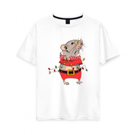Женская футболка хлопок Oversize с принтом Новогодняя мышка с гирляндой в Новосибирске, 100% хлопок | свободный крой, круглый ворот, спущенный рукав, длина до линии бедер
 | 
