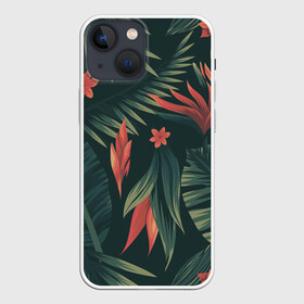 Чехол для iPhone 13 mini с принтом Тропический комуфляж в Новосибирске,  |  | букет | бутон | джунгли | зелёный | красный | лепестки | лепесток | лес | листья | папоротник | синий | тропики | цветок