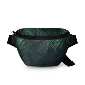 Поясная сумка 3D с принтом Пальмовый узор в Новосибирске, 100% полиэстер | плотная ткань, ремень с регулируемой длиной, внутри несколько карманов для мелочей, основное отделение и карман с обратной стороны сумки застегиваются на молнию | джунгли | зелёный | лепестки | лепесток | лес | листья | пальма | пальмы | папоротник | салатовый | тропики | черный