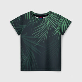 Детская футболка 3D с принтом Пальмовый узор в Новосибирске, 100% гипоаллергенный полиэфир | прямой крой, круглый вырез горловины, длина до линии бедер, чуть спущенное плечо, ткань немного тянется | джунгли | зелёный | лепестки | лепесток | лес | листья | пальма | пальмы | папоротник | салатовый | тропики | черный