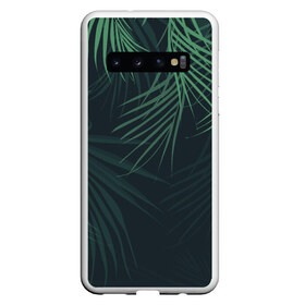Чехол для Samsung Galaxy S10 с принтом Пальмовый узор в Новосибирске, Силикон | Область печати: задняя сторона чехла, без боковых панелей | джунгли | зелёный | лепестки | лепесток | лес | листья | пальма | пальмы | папоротник | салатовый | тропики | черный