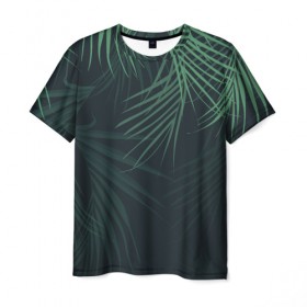 Мужская футболка 3D с принтом Пальмовый узор в Новосибирске, 100% полиэфир | прямой крой, круглый вырез горловины, длина до линии бедер | джунгли | зелёный | лепестки | лепесток | лес | листья | пальма | пальмы | папоротник | салатовый | тропики | черный