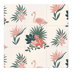 Магнитный плакат 3Х3 с принтом Розовый фламинго и цветы в Новосибирске, Полимерный материал с магнитным слоем | 9 деталей размером 9*9 см | Тематика изображения на принте: animal | bird | flamingo | pink | pnik flamingo | животные | папоротник | птицы | розовый | розовый фламинго | фламинго | цветы