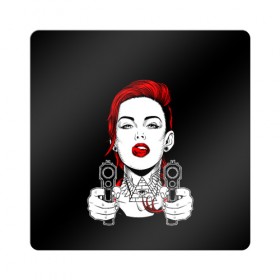 Магнит виниловый Квадрат с принтом Woman is holding a gun в Новосибирске, полимерный материал с магнитным слоем | размер 9*9 см, закругленные углы | Тематика изображения на принте: girl | guns | tattoo | woman | девушка | красотка | масоны | оружие | пистолеты | тату | треугольник