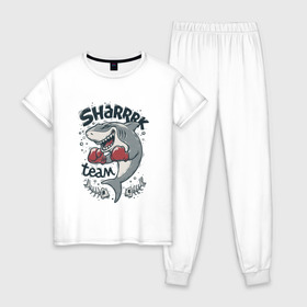 Женская пижама хлопок с принтом Shark Team в Новосибирске, 100% хлопок | брюки и футболка прямого кроя, без карманов, на брюках мягкая резинка на поясе и по низу штанин | shark | shark team | акула | бокс | перчатки | спорт