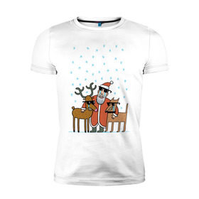 Мужская футболка премиум с принтом THE HATTERS: Дед Мороз не показывает слёз в Новосибирске, 92% хлопок, 8% лайкра | приталенный силуэт, круглый вырез ворота, длина до линии бедра, короткий рукав | hatters | дед мороз | джипси | музыченко | новый год | олень | рождество | рок | ска | снег | снежинки | фолк | шляпники
