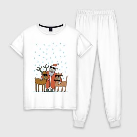 Женская пижама хлопок с принтом THE HATTERS: Дед Мороз не показывает слёз в Новосибирске, 100% хлопок | брюки и футболка прямого кроя, без карманов, на брюках мягкая резинка на поясе и по низу штанин | hatters | дед мороз | джипси | музыченко | новый год | олень | рождество | рок | ска | снег | снежинки | фолк | шляпники