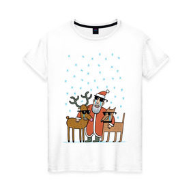 Женская футболка хлопок с принтом THE HATTERS: Дед Мороз не показывает слёз в Новосибирске, 100% хлопок | прямой крой, круглый вырез горловины, длина до линии бедер, слегка спущенное плечо | hatters | дед мороз | джипси | музыченко | новый год | олень | рождество | рок | ска | снег | снежинки | фолк | шляпники
