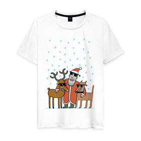 Мужская футболка хлопок с принтом THE HATTERS: Дед Мороз не показывает слёз в Новосибирске, 100% хлопок | прямой крой, круглый вырез горловины, длина до линии бедер, слегка спущенное плечо. | Тематика изображения на принте: hatters | дед мороз | джипси | музыченко | новый год | олень | рождество | рок | ска | снег | снежинки | фолк | шляпники