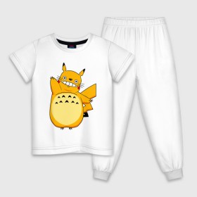 Детская пижама хлопок с принтом Pika Totoro в Новосибирске, 100% хлопок |  брюки и футболка прямого кроя, без карманов, на брюках мягкая резинка на поясе и по низу штанин
 | forest | friend | ghibli | japan | keeper | miyazaki | nature | neigbor | neighbour | pikachu | pokemon | totoro | анимация | аниме | гибли | друг | животные | лес | любовь | милый | мир | миядзаки | мульт | мультфильм | пика | пикачу | покемон | приключе