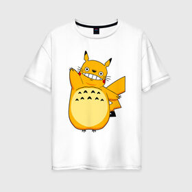 Женская футболка хлопок Oversize с принтом Pika Totoro в Новосибирске, 100% хлопок | свободный крой, круглый ворот, спущенный рукав, длина до линии бедер
 | forest | friend | ghibli | japan | keeper | miyazaki | nature | neigbor | neighbour | pikachu | pokemon | totoro | анимация | аниме | гибли | друг | животные | лес | любовь | милый | мир | миядзаки | мульт | мультфильм | пика | пикачу | покемон | приключе