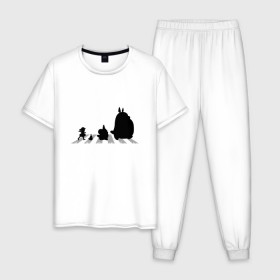 Мужская пижама хлопок с принтом Totoro Beatles в Новосибирске, 100% хлопок | брюки и футболка прямого кроя, без карманов, на брюках мягкая резинка на поясе и по низу штанин
 | Тематика изображения на принте: abbey road | beatles | forest | friend | ghibli | japan | keeper | miyazaki | music | nature | neigbor | neighbo | rock | totoro | анимация | аниме | битлз | гибли | друг | животные | лес | любовь | милый | мир | миядзаки | музыка | мульт | мультфильм | п