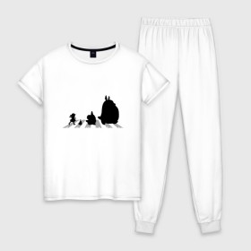 Женская пижама хлопок с принтом Totoro Beatles в Новосибирске, 100% хлопок | брюки и футболка прямого кроя, без карманов, на брюках мягкая резинка на поясе и по низу штанин | abbey road | beatles | forest | friend | ghibli | japan | keeper | miyazaki | music | nature | neigbor | neighbo | rock | totoro | анимация | аниме | битлз | гибли | друг | животные | лес | любовь | милый | мир | миядзаки | музыка | мульт | мультфильм | п