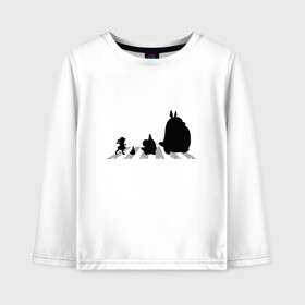 Детский лонгслив хлопок с принтом Totoro Beatles в Новосибирске, 100% хлопок | круглый вырез горловины, полуприлегающий силуэт, длина до линии бедер | abbey road | beatles | forest | friend | ghibli | japan | keeper | miyazaki | music | nature | neigbor | neighbo | rock | totoro | анимация | аниме | битлз | гибли | друг | животные | лес | любовь | милый | мир | миядзаки | музыка | мульт | мультфильм | п