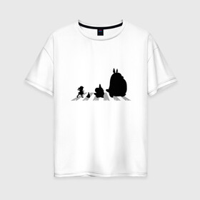 Женская футболка хлопок Oversize с принтом Totoro Beatles в Новосибирске, 100% хлопок | свободный крой, круглый ворот, спущенный рукав, длина до линии бедер
 | abbey road | beatles | forest | friend | ghibli | japan | keeper | miyazaki | music | nature | neigbor | neighbo | rock | totoro | анимация | аниме | битлз | гибли | друг | животные | лес | любовь | милый | мир | миядзаки | музыка | мульт | мультфильм | п