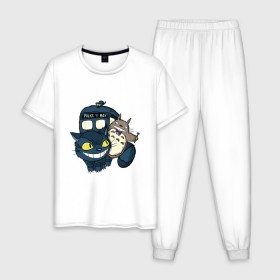 Мужская пижама хлопок с принтом Tardis Totoro в Новосибирске, 100% хлопок | брюки и футболка прямого кроя, без карманов, на брюках мягкая резинка на поясе и по низу штанин
 | doctor who | forest | friend | ghibli | japan | keeper | miyazaki | nature | neigbor | neighbour | tardis | totoro | анимация | аниме | гибли | доктор кто | друг | животные | кот | лес | любовь | милый | мир | миядзаки | мульт | мультфильм | приключения |