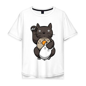 Мужская футболка хлопок Oversize с принтом Totoro Maneki Neko в Новосибирске, 100% хлопок | свободный крой, круглый ворот, “спинка” длиннее передней части | cat | forest | friend | ghibli | japan | keeper | miyazaki | nature | neigbor | neighbour | totoro | анимация | аниме | гибли | друг | животные | кот | котенок | котик | кошка | лес | любовь | милый | мир | миядзаки | мульт | мультфильм