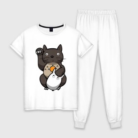 Женская пижама хлопок с принтом Totoro Maneki Neko в Новосибирске, 100% хлопок | брюки и футболка прямого кроя, без карманов, на брюках мягкая резинка на поясе и по низу штанин | cat | forest | friend | ghibli | japan | keeper | miyazaki | nature | neigbor | neighbour | totoro | анимация | аниме | гибли | друг | животные | кот | котенок | котик | кошка | лес | любовь | милый | мир | миядзаки | мульт | мультфильм