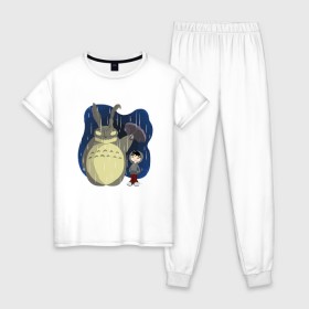 Женская пижама хлопок с принтом Donnie Totoro в Новосибирске, 100% хлопок | брюки и футболка прямого кроя, без карманов, на брюках мягкая резинка на поясе и по низу штанин | donnie darko | forest | friend | ghibli | japan | keeper | miyazaki | nature | neigbor | neighbour | totoro | анимация | аниме | гибли | донни дарко | друг | животные | лес | любовь | милый | мир | миядзаки | мульт | мультфильм | приключения