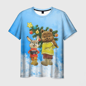 Мужская футболка 3D с принтом Медведь и заяц в Новосибирске, 100% полиэфир | прямой крой, круглый вырез горловины, длина до линии бедер | 