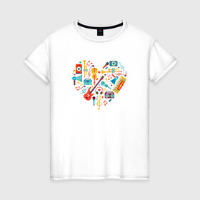 Женская футболка хлопок с принтом Музыкальное Сердце в Новосибирске, 100% хлопок | прямой крой, круглый вырез горловины, длина до линии бедер, слегка спущенное плечо | музыка | музыкальное сердце | музыкальные инструменты | рисунок | сердце