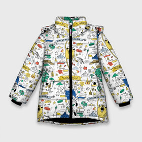 Зимняя куртка для девочек 3D с принтом Adventure Time в Новосибирске, ткань верха — 100% полиэстер; подклад — 100% полиэстер, утеплитель — 100% полиэстер. | длина ниже бедра, удлиненная спинка, воротник стойка и отстегивающийся капюшон. Есть боковые карманы с листочкой на кнопках, утяжки по низу изделия и внутренний карман на молнии. 

Предусмотрены светоотражающий принт на спинке, радужный светоотражающий элемент на пуллере молнии и на резинке для утяжки. | Тематика изображения на принте: adventure time | algebraic | awesomatude | bmo | dsgnosadchaya | время приключений | джейк | пендлтон уорд | финн