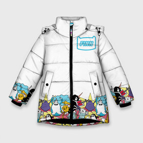 Зимняя куртка для девочек 3D с принтом Finn Adventure Time в Новосибирске, ткань верха — 100% полиэстер; подклад — 100% полиэстер, утеплитель — 100% полиэстер. | длина ниже бедра, удлиненная спинка, воротник стойка и отстегивающийся капюшон. Есть боковые карманы с листочкой на кнопках, утяжки по низу изделия и внутренний карман на молнии. 

Предусмотрены светоотражающий принт на спинке, радужный светоотражающий элемент на пуллере молнии и на резинке для утяжки. | adventure time | dsgnosadchaya | vdosadir | бимо | время приключений | гантер | джейк | марселин | пендлтон уорд | пупырка | снежный король | финн